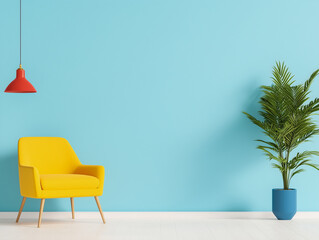 Poster - Three dimensional render of red light fixture, yellow empty armchair and plant potted in blue vase