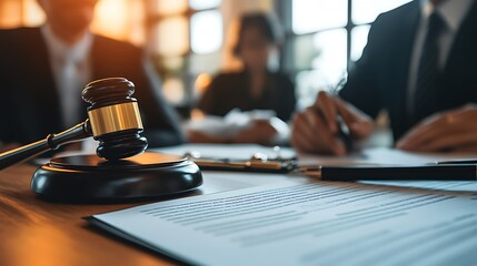 Wall Mural - Close Up of a Gavel on a Table with Documents - Realistic Image