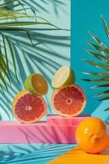 Wall Mural - Summer Fruits Still Life Photography With Green Leaves And Pink Blocks