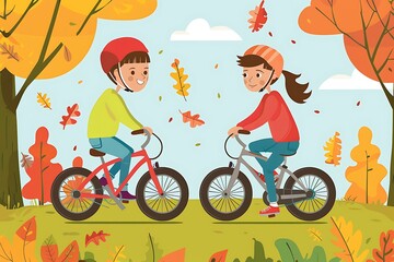 Poster - Two Kids Riding Bikes in Autumn