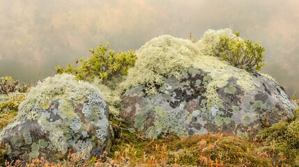 Poster - Close Up of Lichen Covered Rocks in Fog