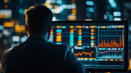 Poster - a trader analyzes financial data on multiple screens at night in a modern office in a bustling city