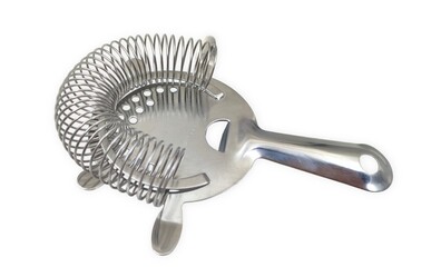 Photo of a stainless steel hawthorne strainer, a common bar tool used for filtering ice and other ingredients when pouring cocktails, isolated on white background.