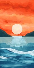 Poster - Orange Sunset Over Ocean Waves Illustration