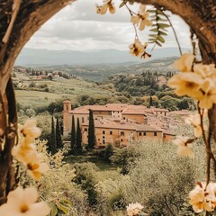 Sticker - Tuscan Village Framed by Blossoming Tree Branches