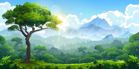 Wall Mural - Cartoon Illustration of a Lush Green Forest Landscape with Mountains in the Background