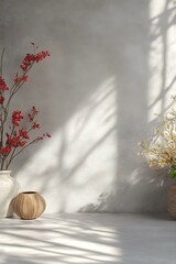 Poster - Minimalist Wall With Flower Arrangement and Shadows