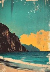 Poster - Vintage Beach Landscape with Mountains and Ocean