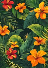 Wall Mural - Tropical Leaves and Flowers Seamless Pattern