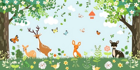 Sticker - Cute Cartoon Deers and Butterflies in Forest