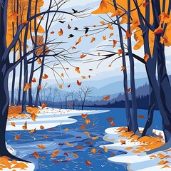 Canvas Print - Autumn Landscape with Frozen River and Falling Leaves