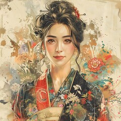 Poster - An Asian woman with brown hair wearing a kimono with floral patterns and a red obi.