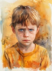 Sticker - Watercolor Portrait of a Sad Young Boy with Blue Eyes