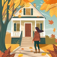 Wall Mural - Woman Walking Towards House In Fall