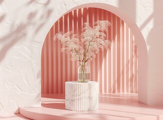 Poster - White Marble Table with Flowers in a Pink Archway