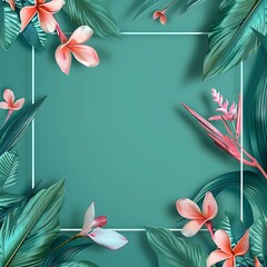 Wall Mural - Tropical Floral Frame Green Background