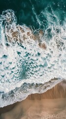 Poster - Aerial View of Ocean Waves Crashing on Sandy Beach