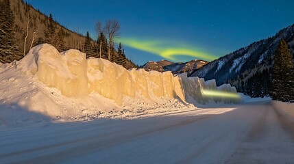 Wall Mural - Ice Wall And Road On Snowy Mountain With Aurora Borealis