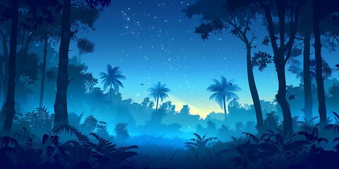 Wall Mural - Blue Tropical Forest Night Sky Landscape Illustration