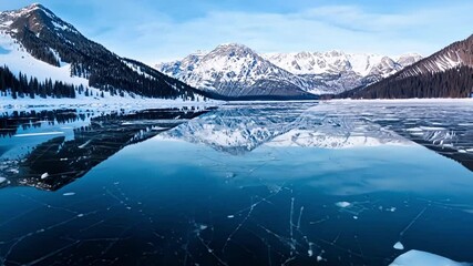 Poster - Serene frozen lake reflects snow capped mountains on a clear winter day, creating a breathtaking winter landscape surrounded by trees and a forest