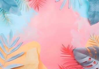 Poster - Tropical Leaves on Pink, Blue, and Yellow Background