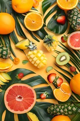 Wall Mural - Tropical Fruit Still Life with Monstera Leaves