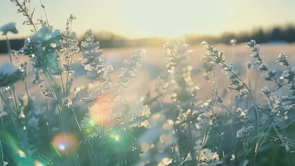 Poster - Graceful white wildflowers bloom in a snowy field at sunset, with the sun casting a warm glow over the icy landscape, capturing nature's winter beauty
