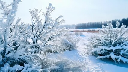 Poster - Serene winter scene with a snow covered path winding through a sunny landscape. Surrounded by frosty trees and bushes blanketed in fresh snow