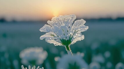 Poster - Close up of a frozen flower during a colorful sunset, sparkling with ice crystals covering its petals. The shallow depth of field creates a dreamy atmosphere