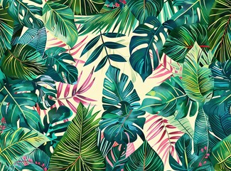 Wall Mural - Tropical Leaves Seamless Pattern Illustration