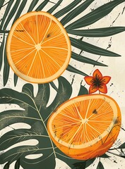 Wall Mural - Tropical Fruit Orange Leaves Illustration