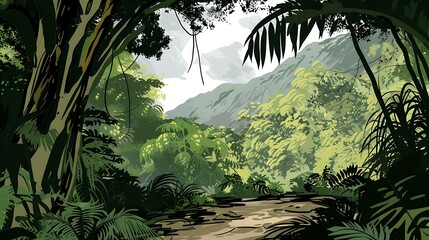 Canvas Print - Jungle Illustration With Lush Greenery and Mountains In The Background