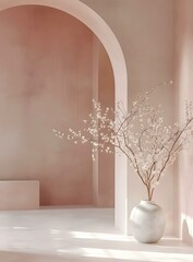 Poster - Minimalist Pink Interior With White Flowers in a Vase