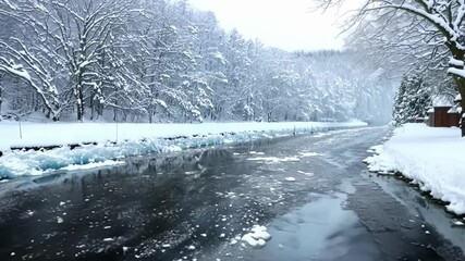 Poster - Cold winter scene featuring a frozen river flowing through a snow covered forest with a thick layer of snow and ice on the trees and ground