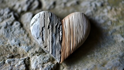 Rustic wooden hearts on aged stone background with ample space for personalized text