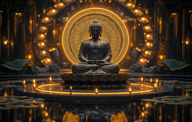 Wall Mural - A Buddha statue with an illuminated halo behind it, sitting on the platform of a lotus pond