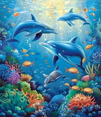 Underwater Scene with Dolphins and Coral Reef