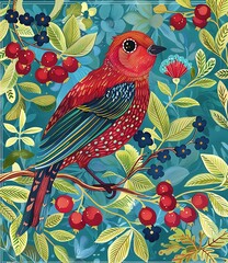 Poster - Red Bird in the Garden Illustration