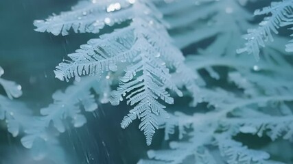 Poster - Delicate fern leaves are holding onto a thin layer of frost, sparkling in the sunlight. The intricate patterns of the frozen leaves create a beautiful winter scene