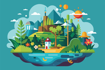 Poster - Colorful landscape showcases mountains, trees, and a river with a house surrounded by flowers during the day, Ecosystem Customizable Flat Illustration