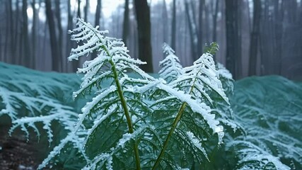 Poster - Green ferns covered in snow grow peacefully in a winter forest, creating a serene scene. The white snow contrasts beautifully with the vibrant plants, adding to the natural beauty of the landscape
