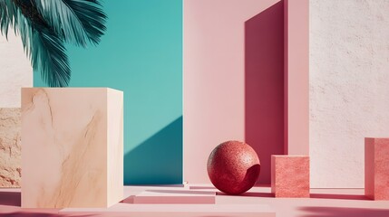 Wall Mural - Abstract Minimalist Background with Palm Leaf, Red Sphere and Pink and Turquoise Walls