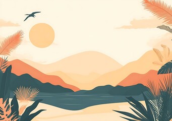 Wall Mural - Minimalist Tropical Landscape Illustration With Sunset