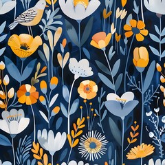 Poster - Blue Floral Pattern With Bird Illustration