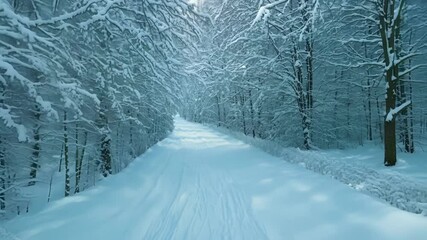 Aufkleber - Snowy road is leading through a forest covered in fresh snow, sunlight is shining through the trees on this beautiful winter day