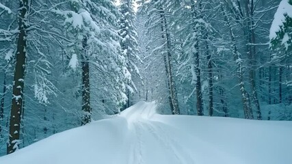 Aufkleber - Snowy road winds through a winter forest, with fresh snow covering the trees in a picturesque scene, evoking beauty and tranquility
