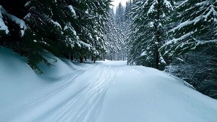 Aufkleber - Snowy road winds through a quiet forest with tall trees covered in fresh snow, creating a serene winter scene