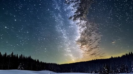 Aufkleber - The milky way galaxy is rising above a snow covered forest on a clear winter night, creating a breathtaking and magical scene