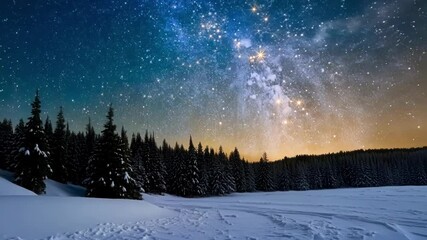 Aufkleber - Breathtaking view of a snowy forest at night, with the milky way galaxy illuminating the sky above snow covered trees and a pristine blanket of snow covering the ground