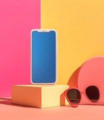 Poster - Summertime Phone Mockup With Sunglasses on a Yellow and Pink Background